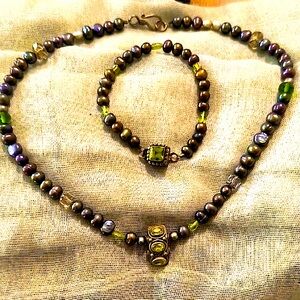 Handmade Green Bead & Gray Pearl Necklace & Bracelet Set